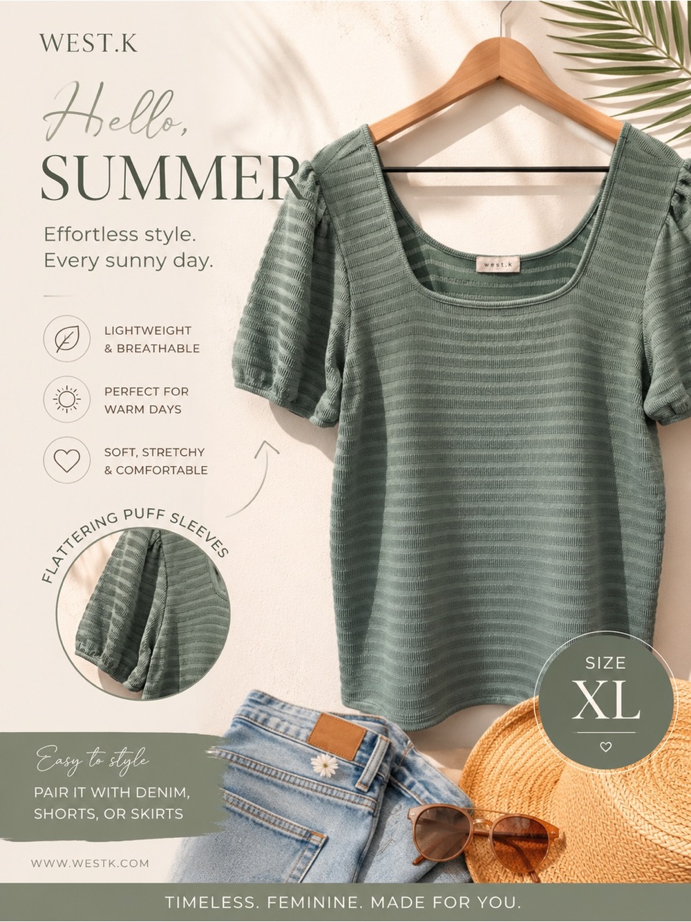West Kei size XL Sage Green Puff Sleeve Ribbed Top